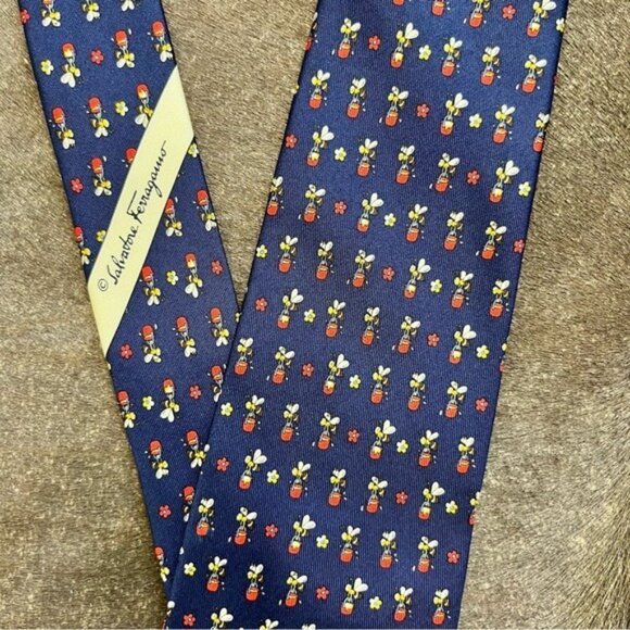Feragammo Floating Honeybee Bees Printed Silk Tie - Picture 4 of 6
